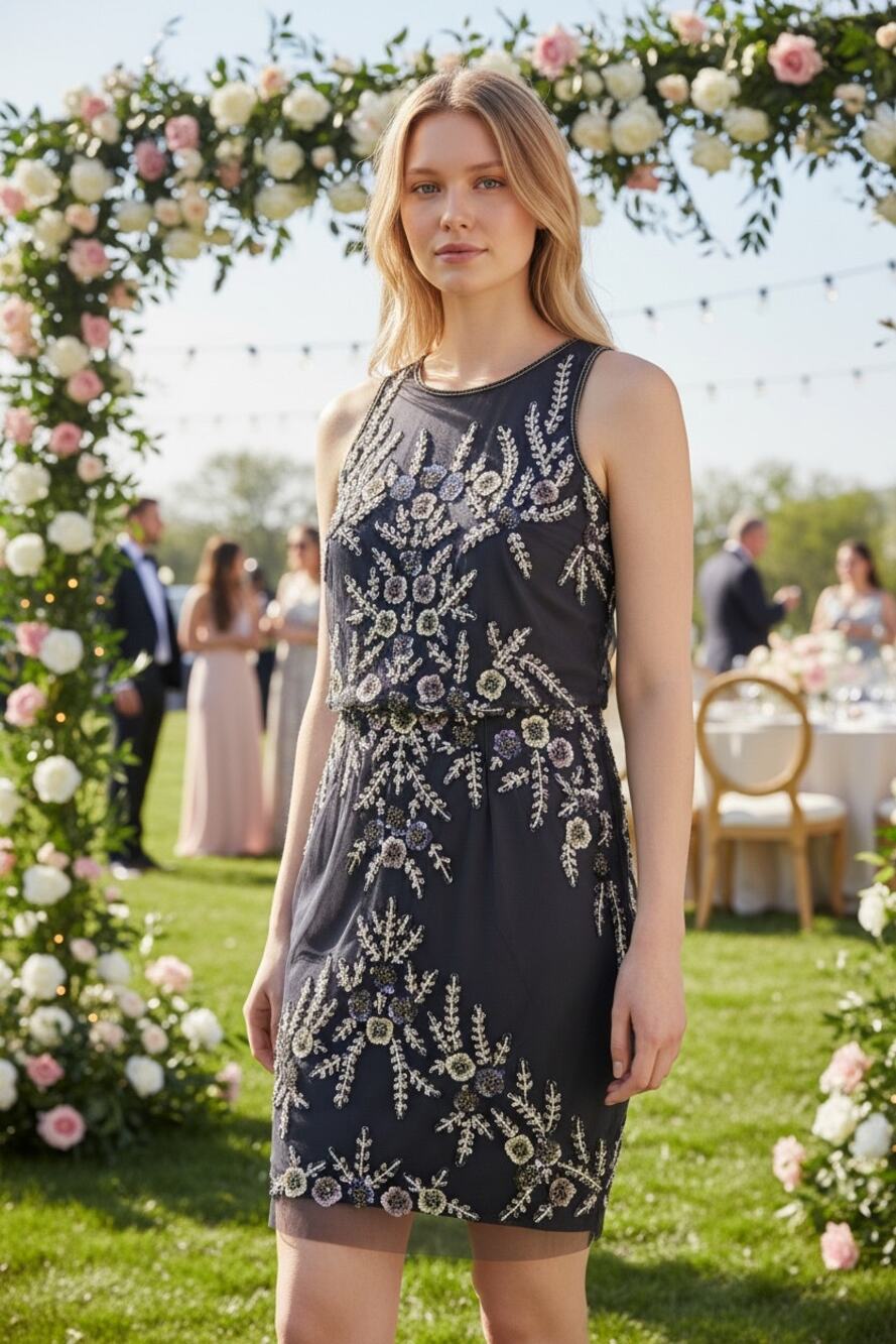 Adrianna Papell Navy Floral Sequin Dress Wedding Guest
